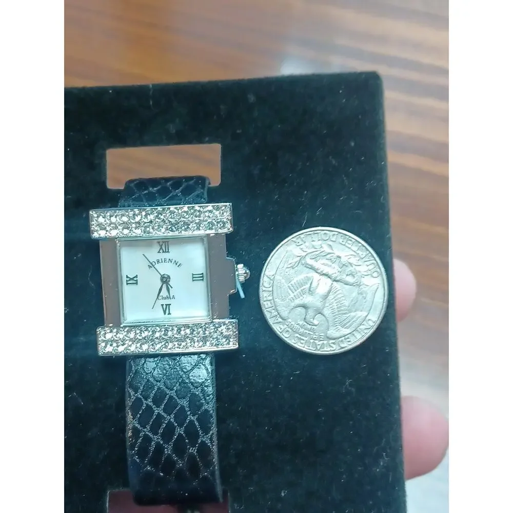 Adrienne Club A Mother Of Pearl White Rhinestone Silvertone Black Band With Box - Picture 7 of 8